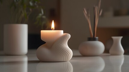 A contemporary candle with a unique sculptural form, set among minimalist decor objects on a polished surface, captured in HD.