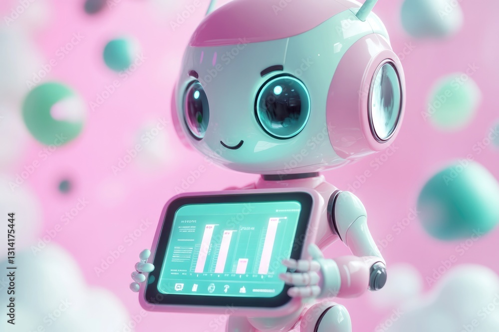 Poster a cute pink robot displays data analytics on a tablet, showcasing technological advancement and auto