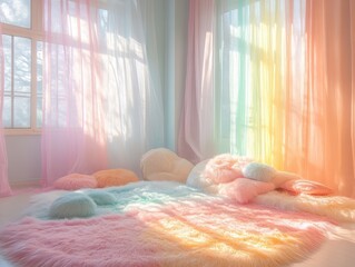A soft room with pastel rainbow colors, a fluffy fur carpet, and cozy pillows bathed in gentle sunlight