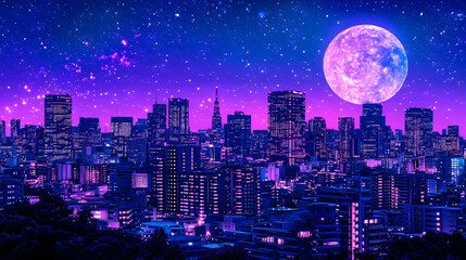 Obraz premium Purple and Pink City Skyline at Night Under a Giant Moon