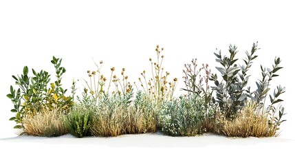 Fototapeta premium A variety of plants and grasses arranged against a white background for design purposes.