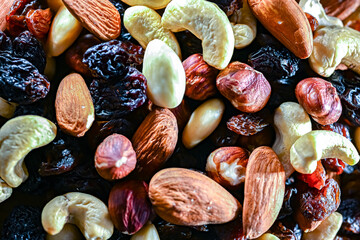 Close-up of mixed nuts and dried fruits