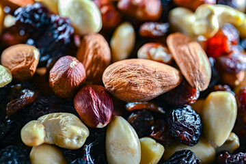 Close-up of mixed nuts and dried fruits