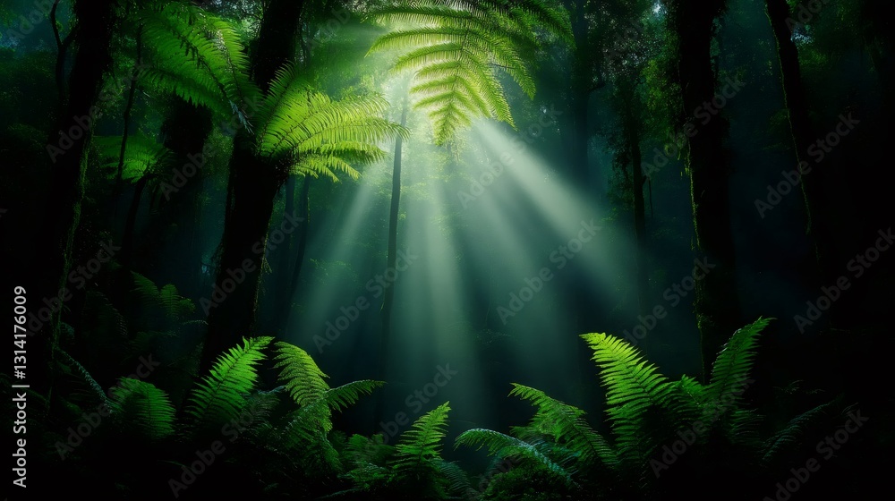 Poster sunbeams filtering through lush ferns in a primeval forest