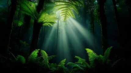 Obraz premium Sunbeams filtering through lush ferns in a primeval forest