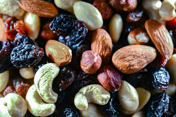 Close-up of mixed nuts and dried fruits