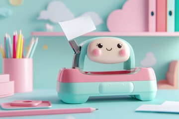Cute cartoon hole punch on pastel desk with stationery; happy, playful design.