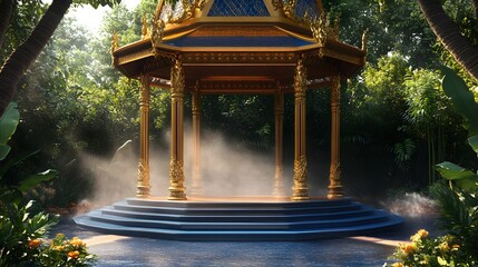 Obraz premium A tropical podium with blue and gold accents, positioned under a traditional Thai pavilion with gentle water mist rising