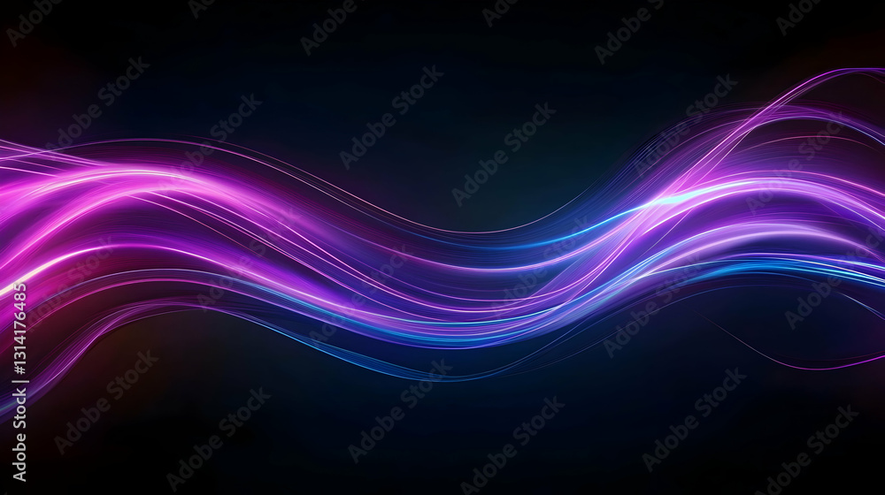 Poster vivid purple and blue particle stream flowing in a dynamic wave against a dark background