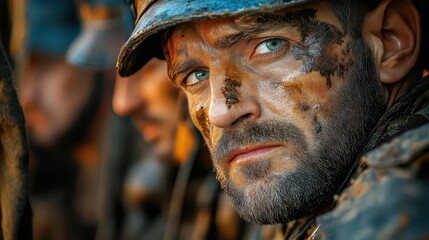 Close-Up of Soldier with Camouflage Face Paint Looking Intently