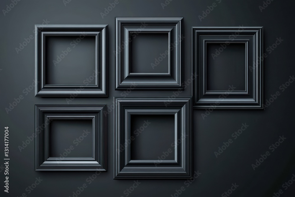 Poster Elegant black picture frames arranged on a dark wall for artistic display in a modern space