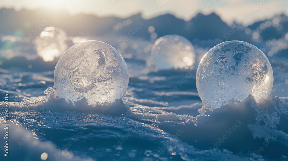 Poster the image shows three ice globes floating on top of a snow covered field
