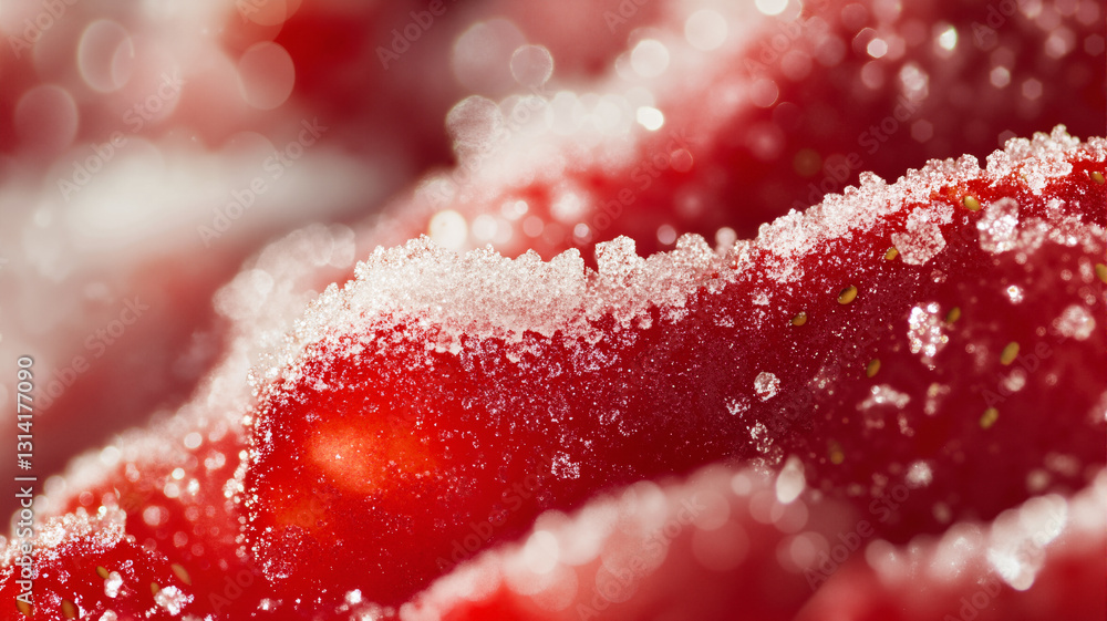 Poster the image shows a close up of a strawberry covered in snow. the strawberry is a deep red color and t