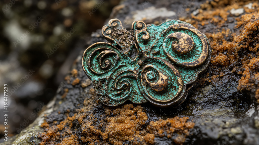 Poster the image shows a close up of a metal object on a rock