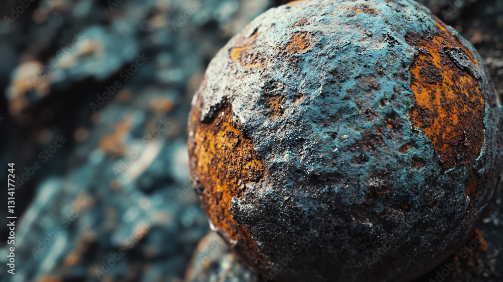 Poster the image shows a close up of a rusty ball on a rock