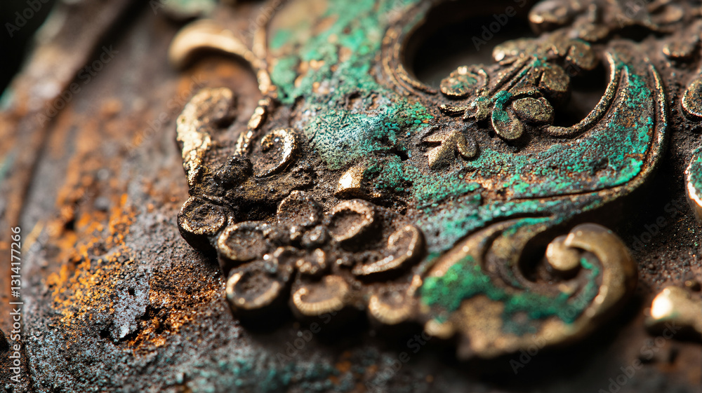 Poster the image shows a close up of a metal object with a green and gold design on it. the metal appears t