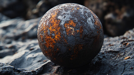 The image shows a rusty ball sitting atop a pile of rocks