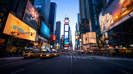 Pixel Art Depiction of Times Square in New York City at Twilight with Illuminated Billboards and Taxis on a Busy Street