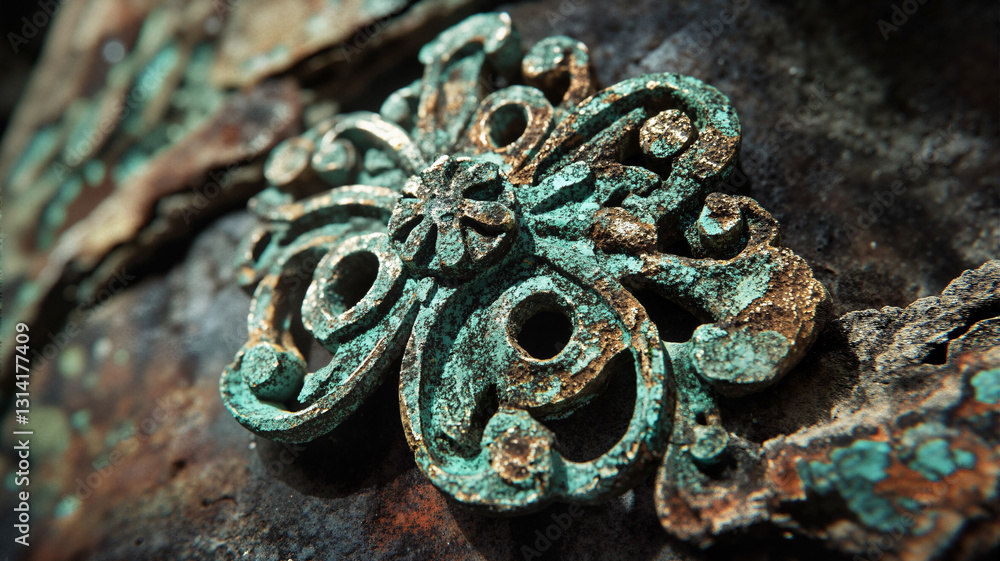 Poster the image shows a close up of a rusted metal object on a rock