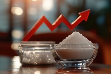 Sugar consumption increasing shown by red upward arrow and glass bowls