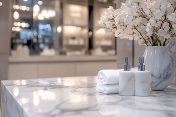 Elegant bathroom setup with marble countertop and fresh flowers at a modern spa