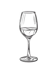Vector black ink style hand drawn illustration of a wine glass isolated on white background