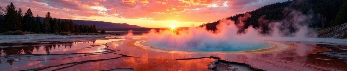 Fototapeta premium Sunrise over Grand Prismatic Spring, vibrant colors, beautiful, hot, water