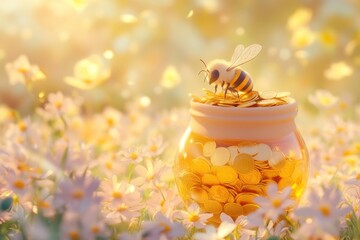 A cute cartoon bee perched on a glass jar filled with golden coins in a sunny meadow.