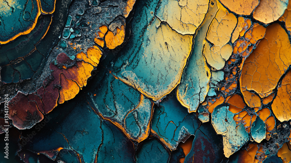 Poster the image shows a close up of a rusty metal surface with a variety of colors