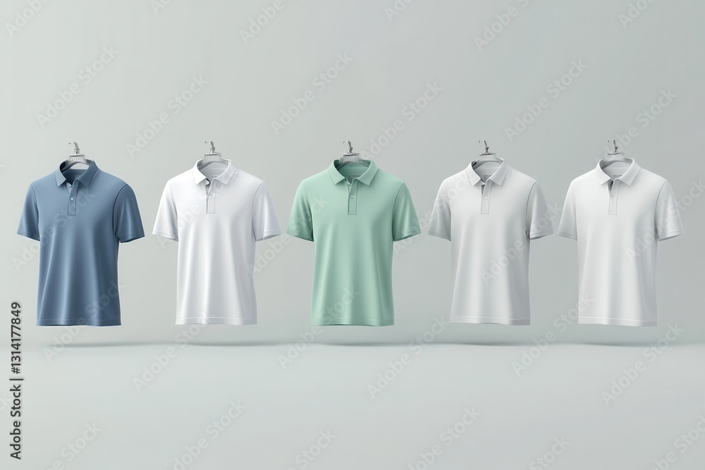 Poster Collection of polo shirts displayed on hangers in a minimalist studio setting showcasing a range of colors and styles