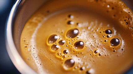 The image shows a close up of a cup of coffee with water droplets on it