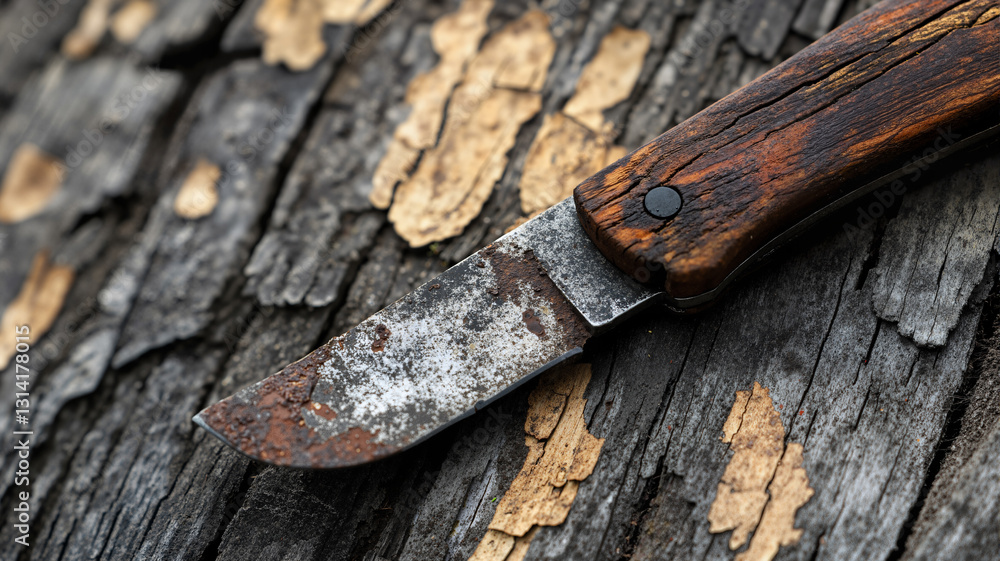 Poster the image shows a knife with a wooden handle sitting on top of a piece of wood. the handle is made o