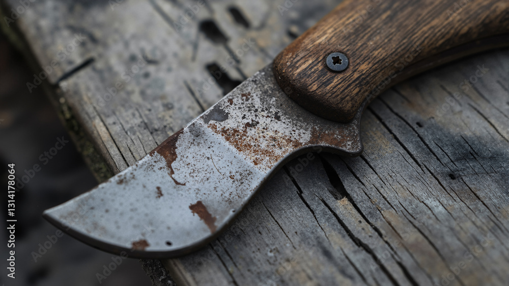 Poster the image shows a knife with a wooden handle sitting on top of a wooden table. the blade of the knif