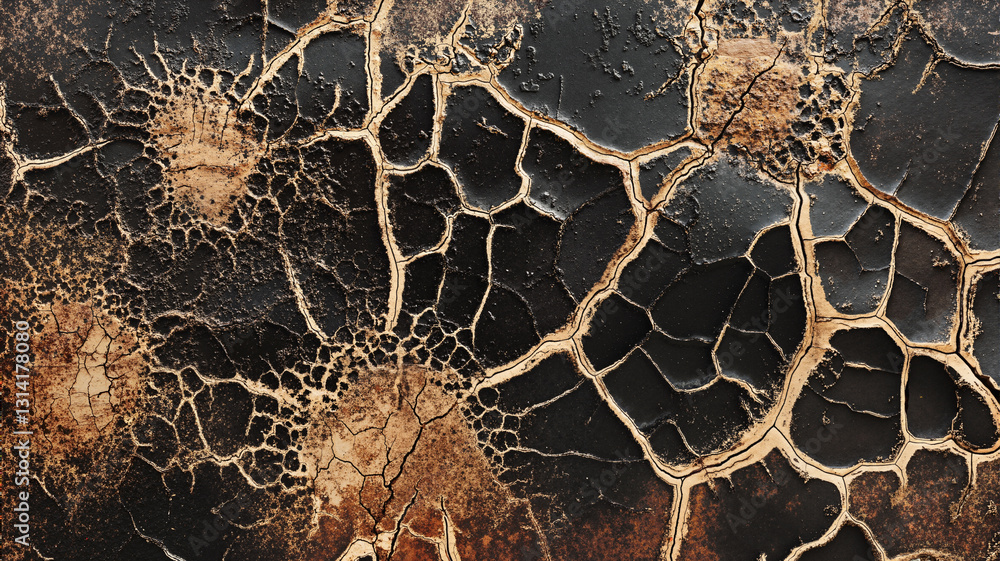 Poster the image shows a close up of a rusty metal surface with cracks and peeling paint. the texture of th