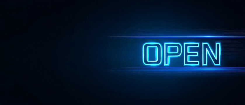 Neon blue OPEN sign, glowing brightly against dark background