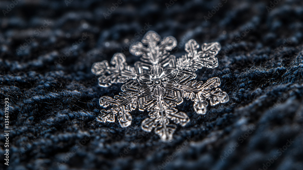 Poster the image shows a close-up of a snowflake on a black background. the snowflake is in focus