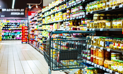 A shopping cart by a store shelf in a supermarket
