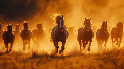 Fototapeta premium Herd of wild horses running in the sunset light