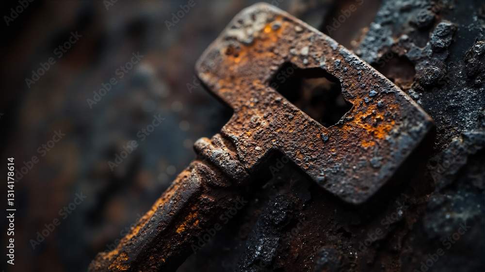 Poster the image shows an old rusty key sitting on top of a rock