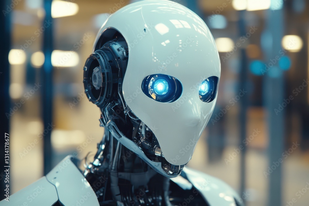 Poster futuristic humanoid robot looks into the distance. artificial intelligence and robotics in next gene