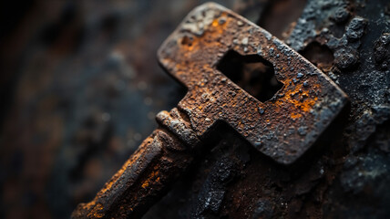 The image shows an old rusty key sitting on top of a rock