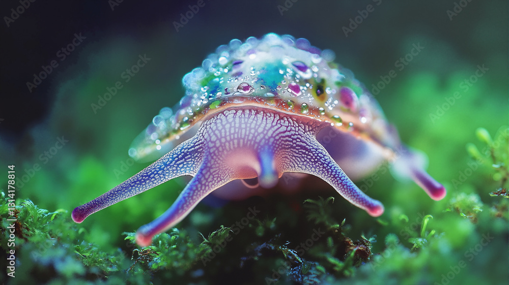 Poster the image shows a close up of a colorful snail with water droplets on its shell