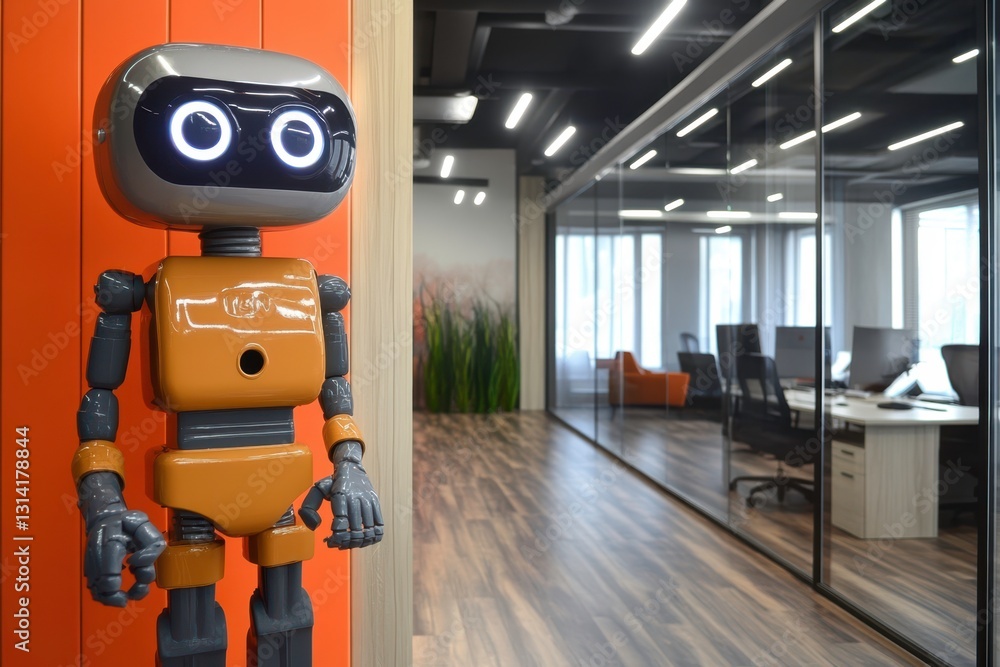 Poster cool robot in modern office greets visitors. automated assistant standing in interior. future techno