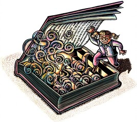 girl with glasses opens giant book and finds fantastic staircase inside with swirling clouds