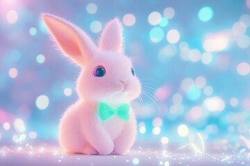 Fototapeta premium Adorable fluffy white bunny wearing a teal bow tie, sits against a dreamy bokeh background.