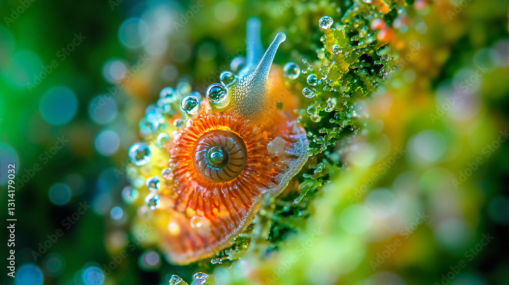 Poster the image shows a snail with water droplets on its shell sitting on top of a green plant. the snail 