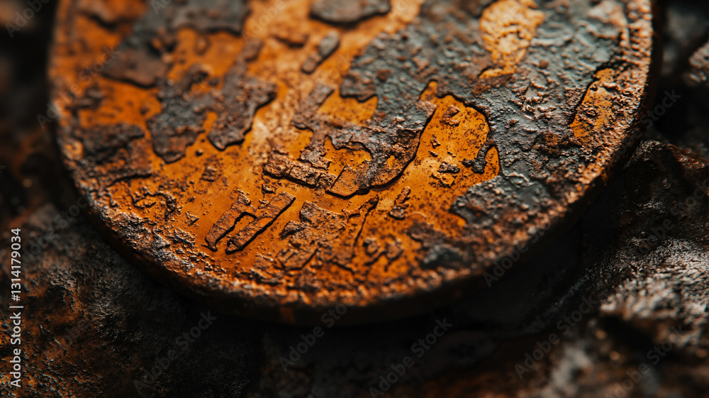 Poster the image shows a close up of a rusted metal object on a table. the metal is covered in a thick laye