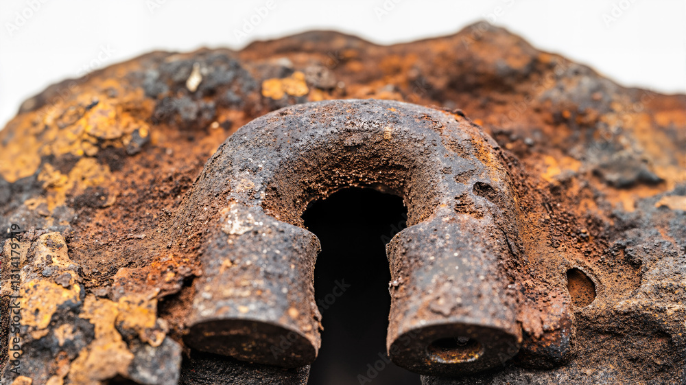 Poster the image shows a close up of a rusty metal object on a rock