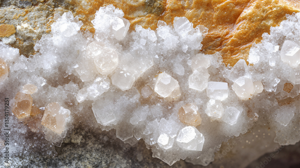 Poster the image shows a close up of a cluster of white crystals on a rock. the crystals are arranged in a 