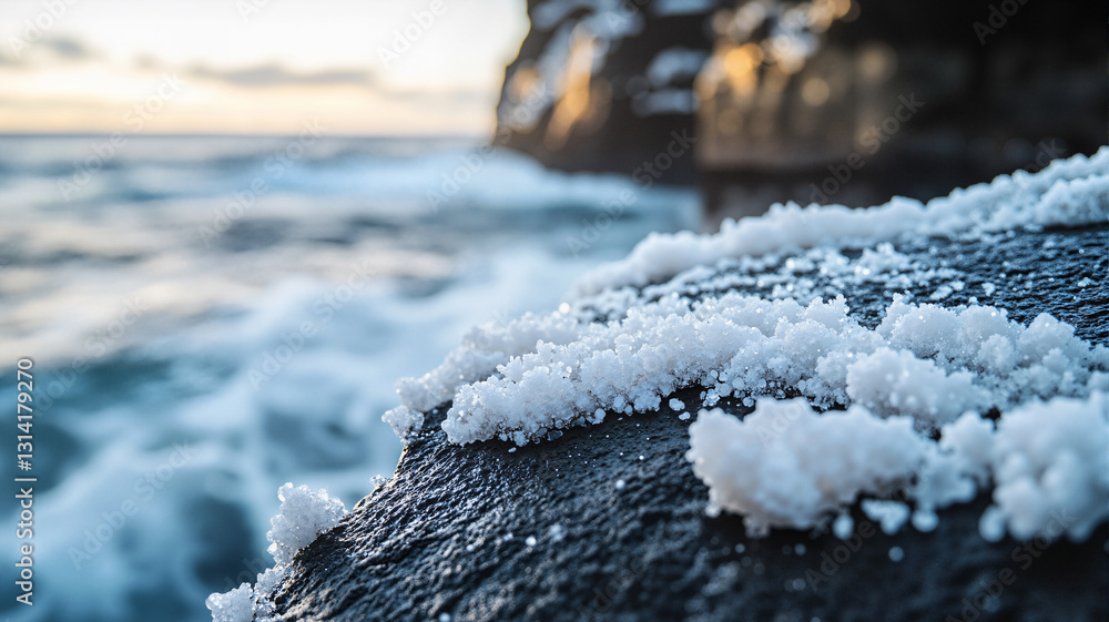 Poster the image shows a rock covered in snow on the edge of a cliff overlooking the ocean at sunset. the s